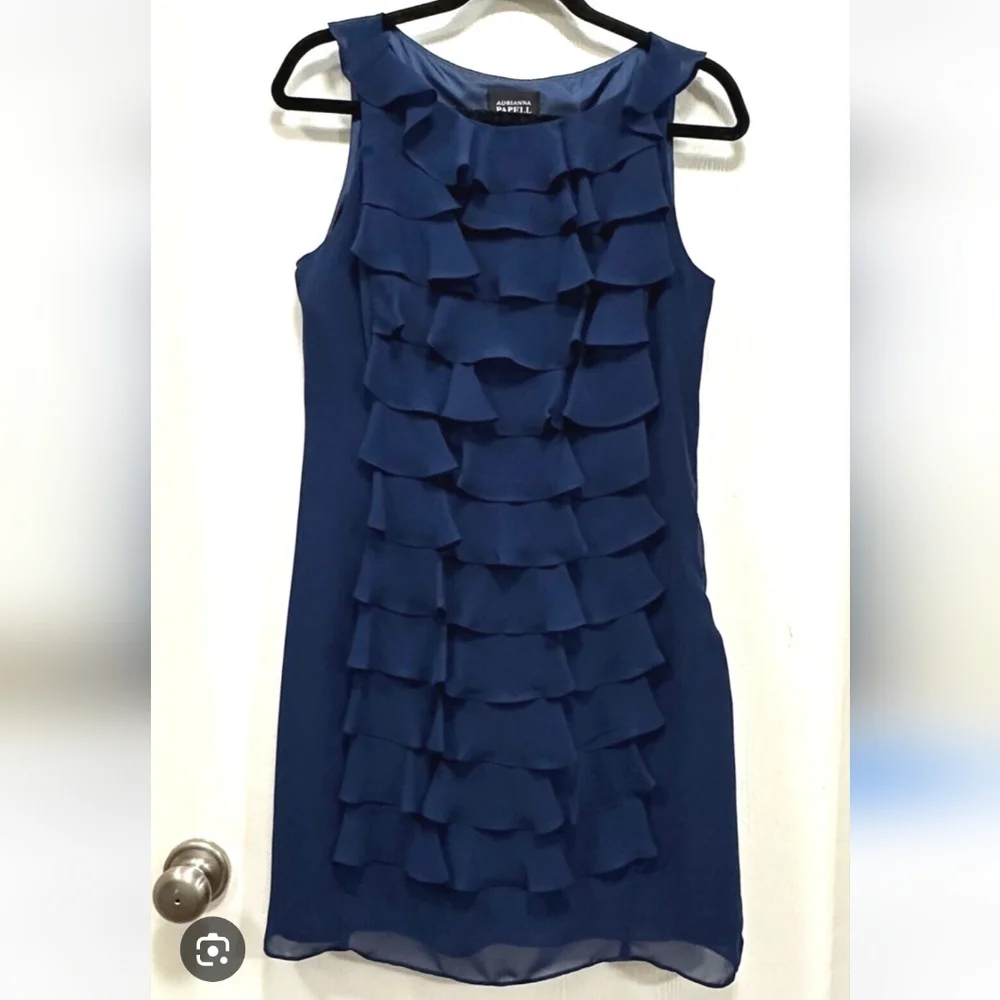 Adrianna Papell Women Ruffle Sleeveless Dress Navy Blue Sz10